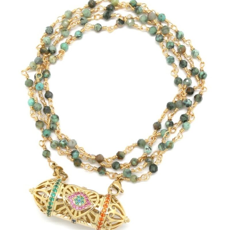 sautoir bracelet turquoises africaines et oeil de protection